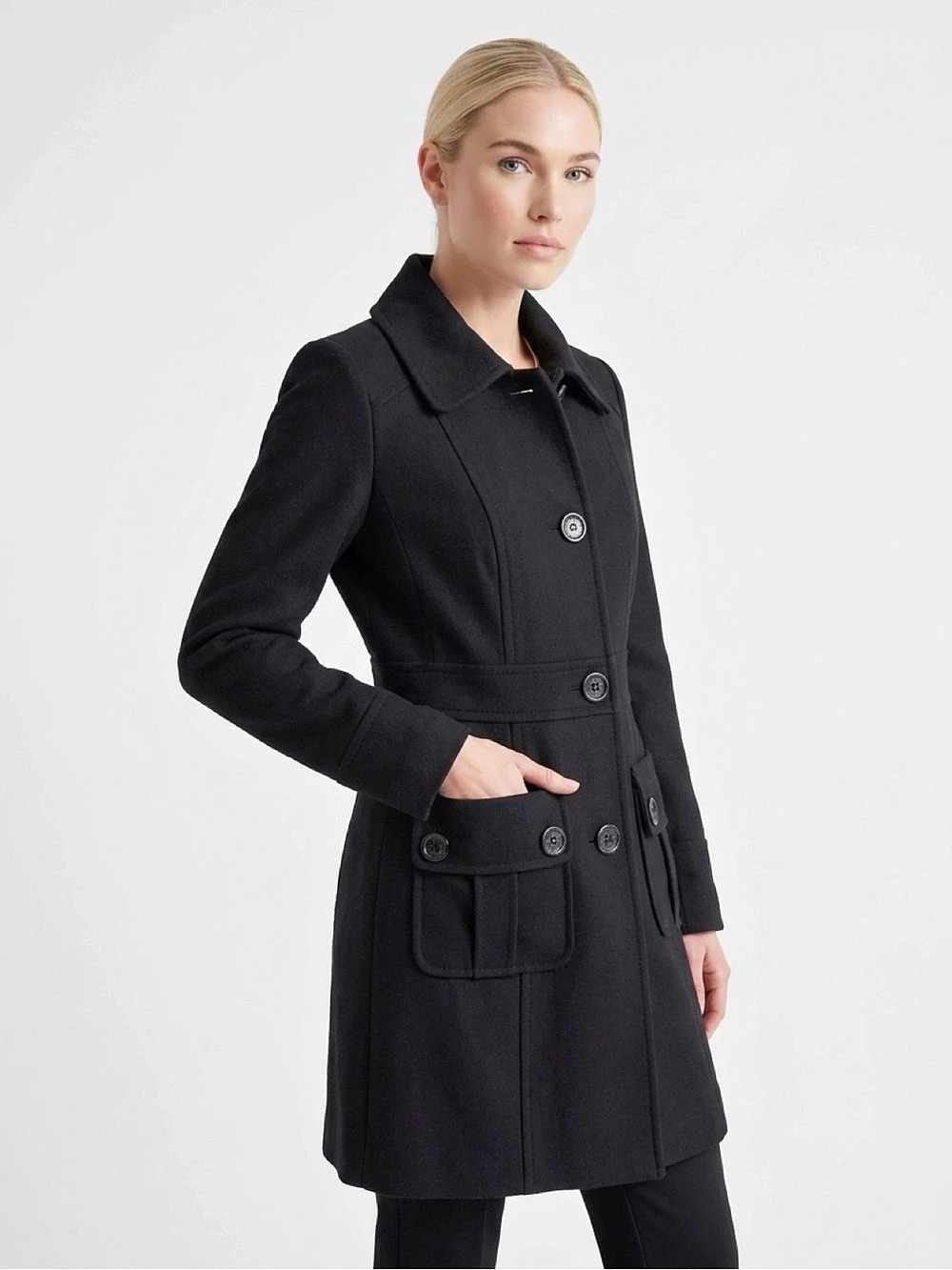 Tulle Wool Blend Button Up Mid Length Coat Black Medium